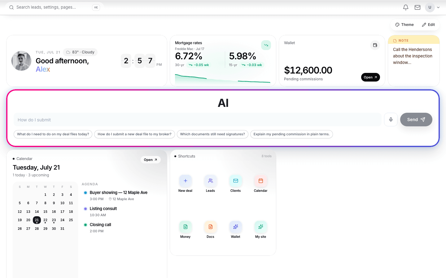 Customizable agent dashboard widgets on Brokurz