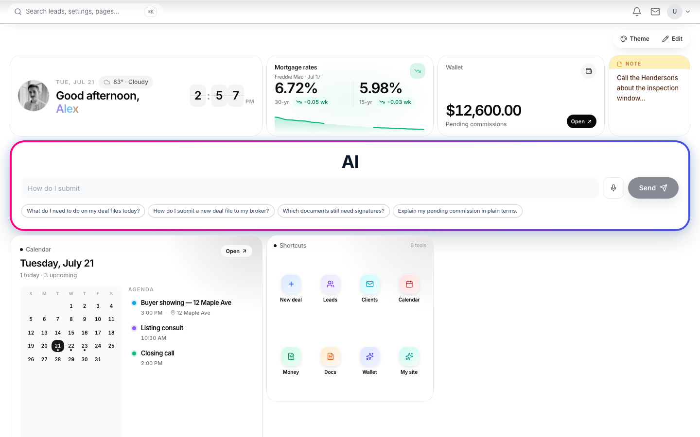 Customizable agent dashboard widgets on Brokurz