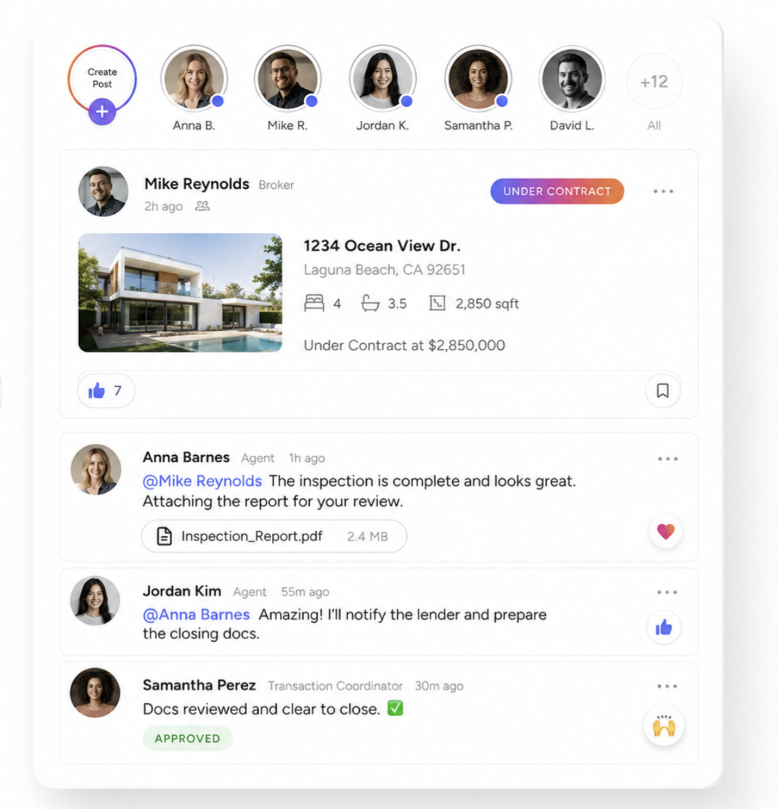 Brokurz Agent Chat & Announcements. Team chat on a deal: under contract, inspection report attached, lender notified, and clear to close.