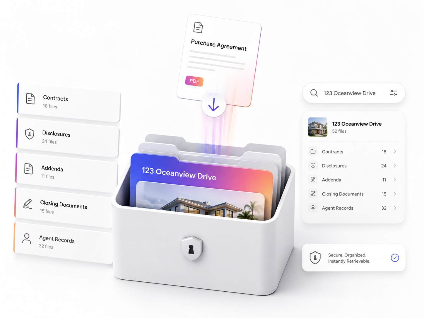 Brokurz Documents & E-Signatures. A document vault organized by property — contracts, disclosures, addenda, and closing files, searchable and instantly retrievable.