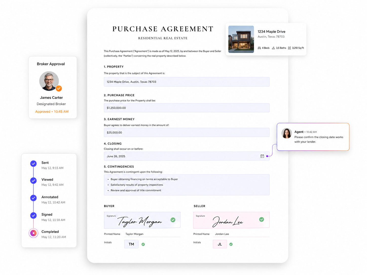 Brokurz E-Sign. A purchase agreement e-signed by buyer and seller, tracked from sent to viewed, annotated, signed, and completed.