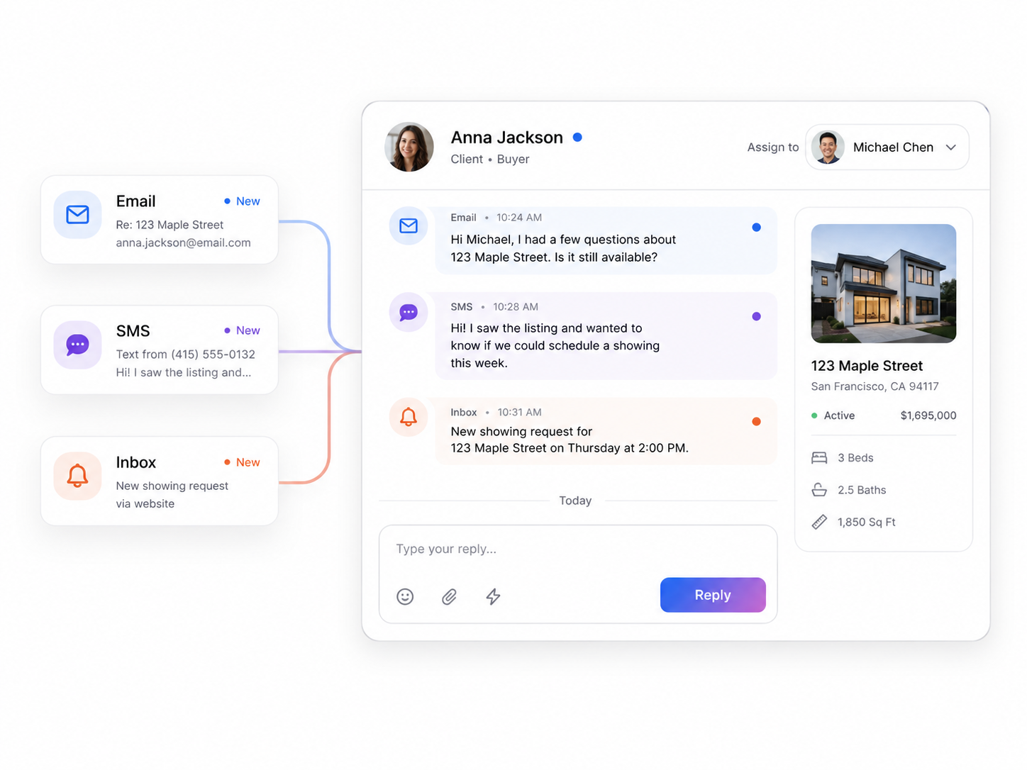 Brokurz Inbox, Email & SMS. Email, SMS, and website messages in one thread with the client — reply once, with the listing right there.